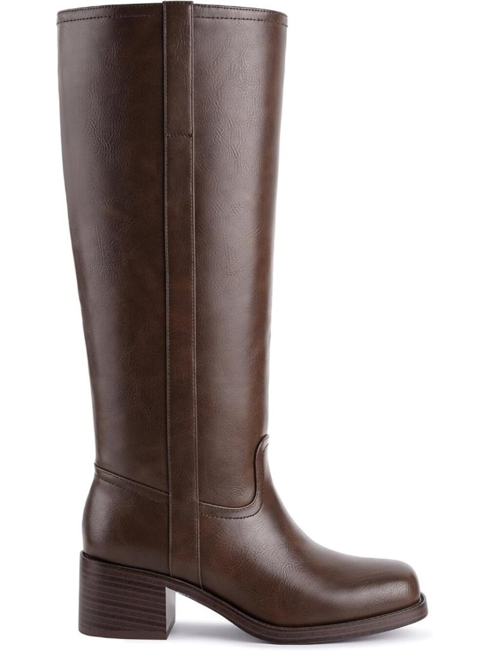 Womens Coffee Brown Square Toe Chunky Block Heel Wide Calf Riding Knee High Boot